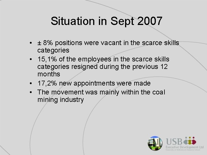 Situation in Sept 2007 • ± 8% positions were vacant in the scarce skills