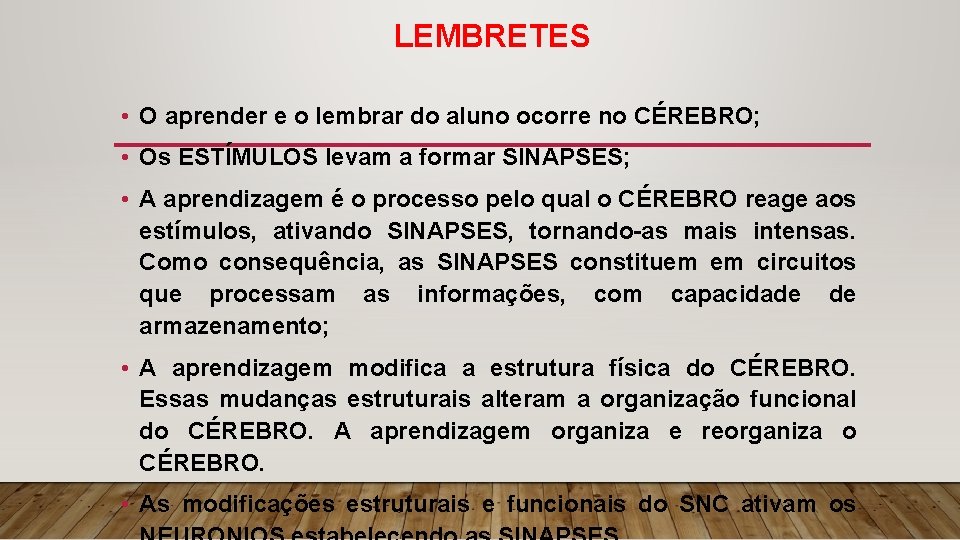 LEMBRETES • O aprender e o lembrar do aluno ocorre no CÉREBRO; • Os