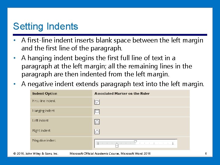 Setting Indents • A first-line indent inserts blank space between the left margin and