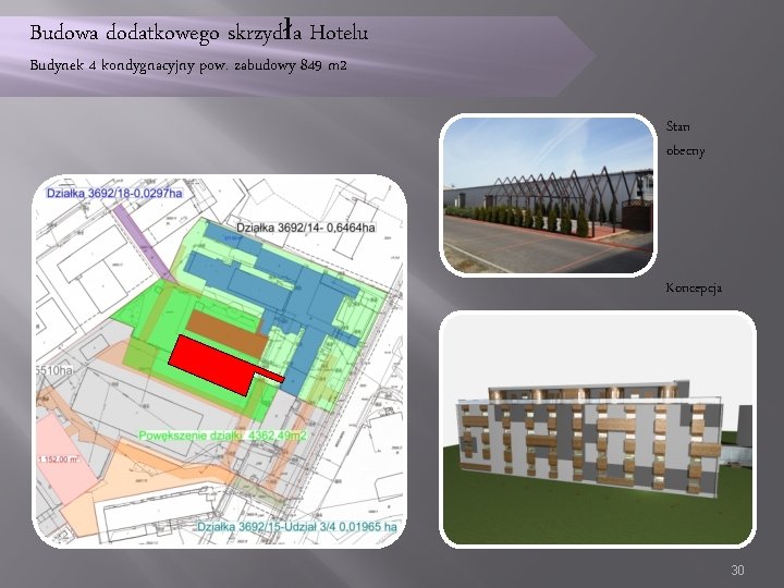 Budowa dodatkowego skrzydła Hotelu Budynek 4 kondygnacyjny pow. zabudowy 849 m 2 Stan obecny