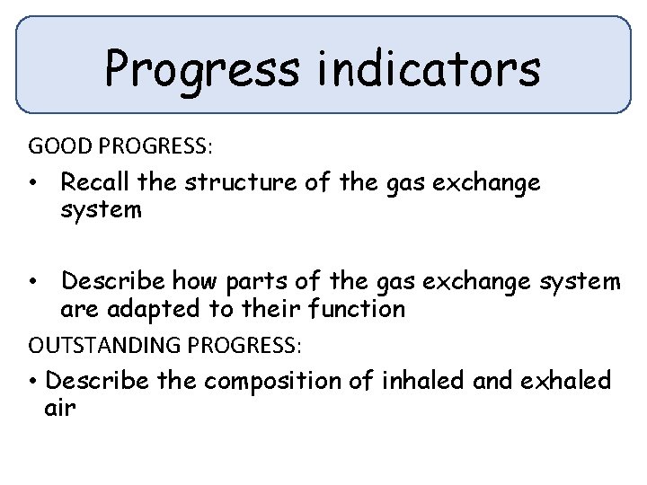 Progress indicators GOOD PROGRESS: • Recall the structure of the gas exchange system •