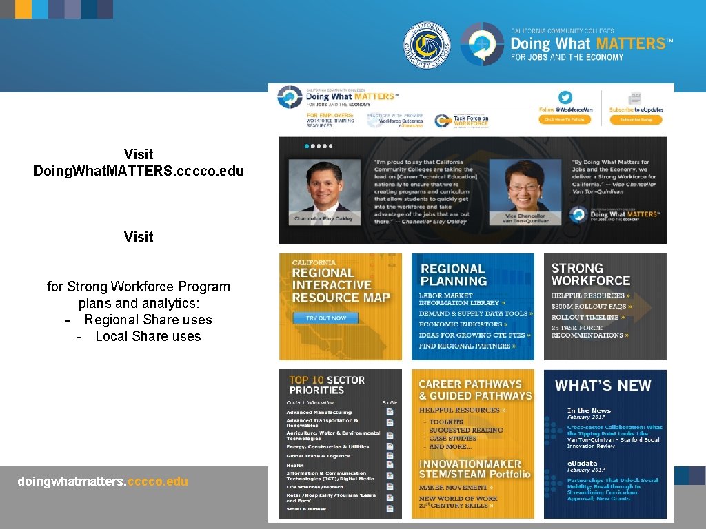 Visit Doing. What. MATTERS. cccco. edu Visit for Strong Workforce Program plans and analytics: