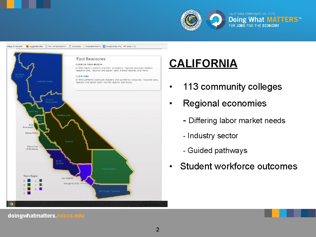 CALIFORNIA • 113 community colleges • Regional economies - Differing labor market needs -