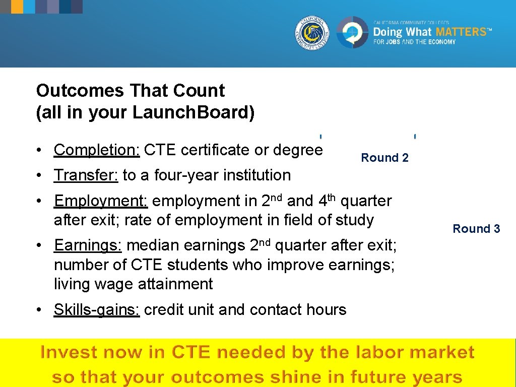 Outcomes That Count (all in your Launch. Board) • Completion: CTE certificate or degree