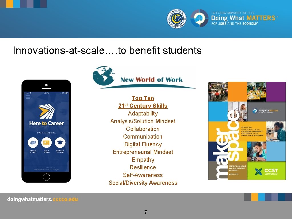 Innovations-at-scale…. to benefit students Top Ten 21 st Century Skills Adaptability Analysis/Solution Mindset Collaboration