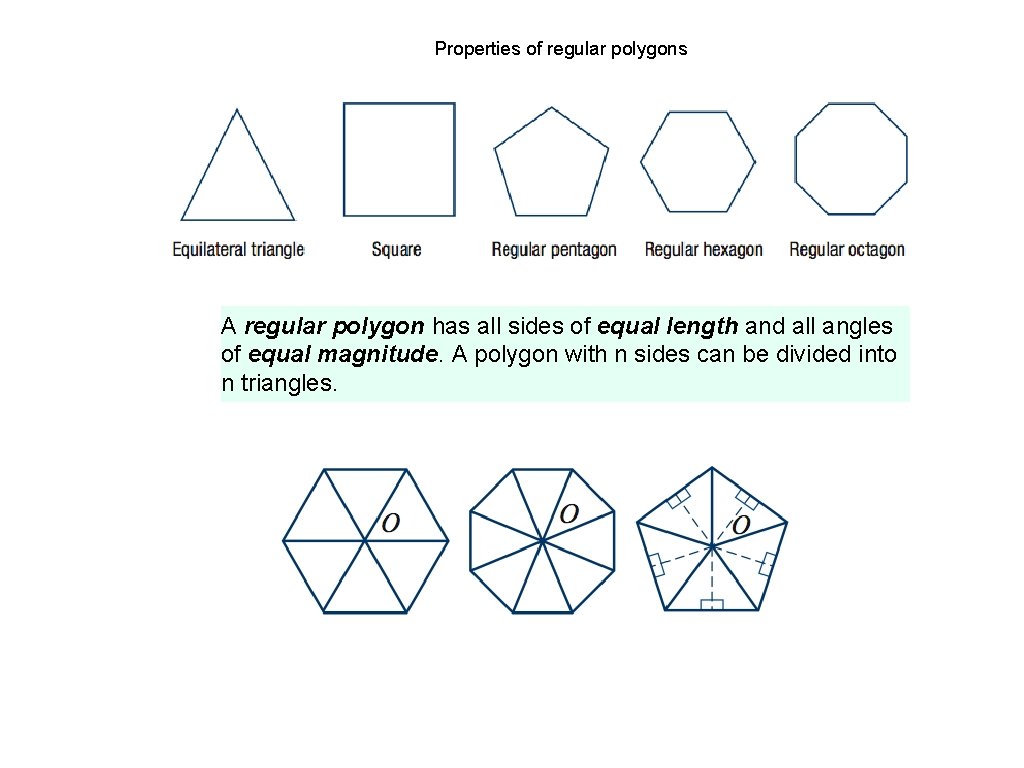Properties of regular polygons A regular polygon has all sides of equal length and