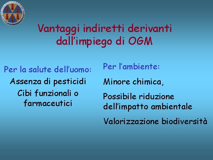 Vantaggi indiretti derivanti dall’impiego di OGM Per la salute dell’uomo: Assenza di pesticidi Cibi