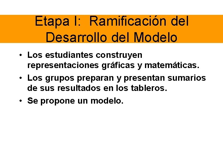 Etapa I: Ramificación del Desarrollo del Modelo • Los estudiantes construyen representaciones gráficas y