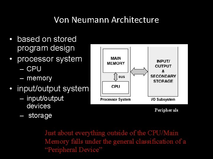 Von Neumann Architecture • based on stored program design • processor system – CPU