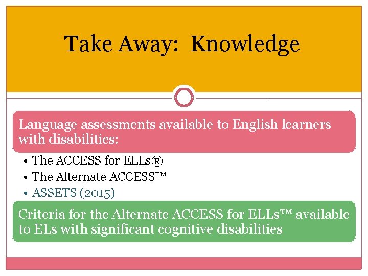 Take Away: Knowledge Language assessments available to English learners with disabilities: • The ACCESS