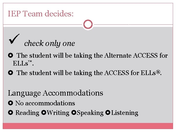 IEP Team decides: check only one The student will be taking the Alternate ACCESS