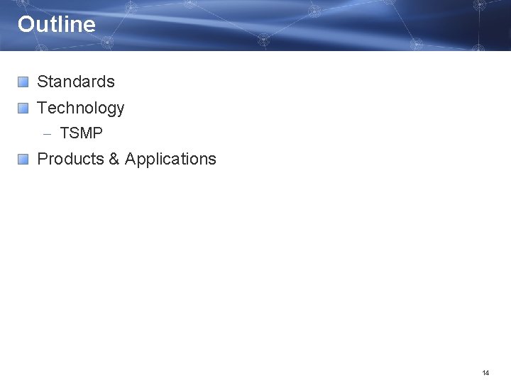 Outline Standards Technology – TSMP Products & Applications 14 