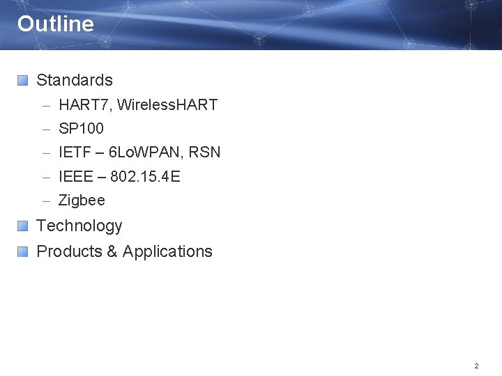 Outline Standards – HART 7, Wireless. HART – SP 100 – IETF – 6