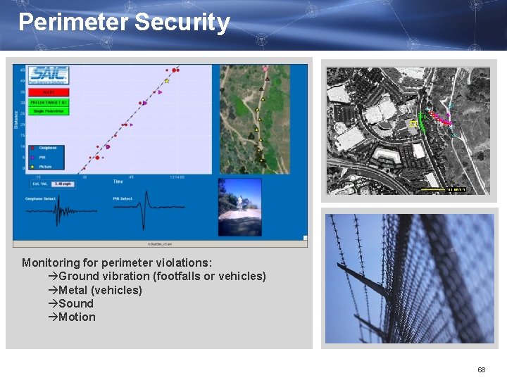 Perimeter Security Monitoring for perimeter violations: Ground vibration (footfalls or vehicles) Metal (vehicles) Sound