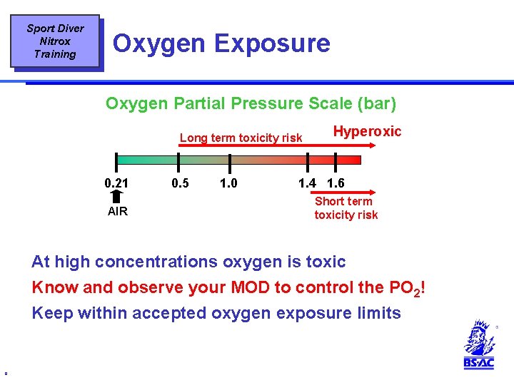 Sport Diver Nitrox Training Oxygen Exposure Oxygen Partial Pressure Scale (bar) Long term toxicity Sport Diver Nitrox Training Oxygen Exposure Oxygen Partial Pressure Scale (bar) Long term toxicity