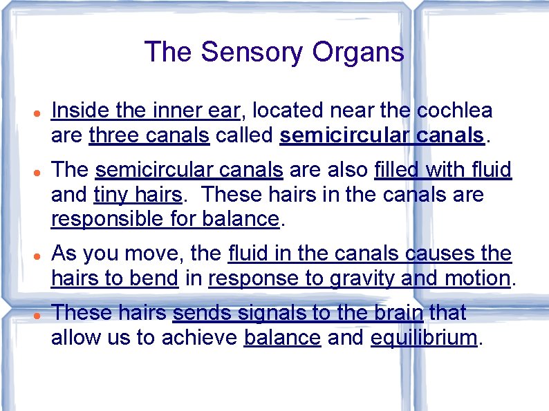 The Sensory Organs Inside the inner ear, located near the cochlea are three canals