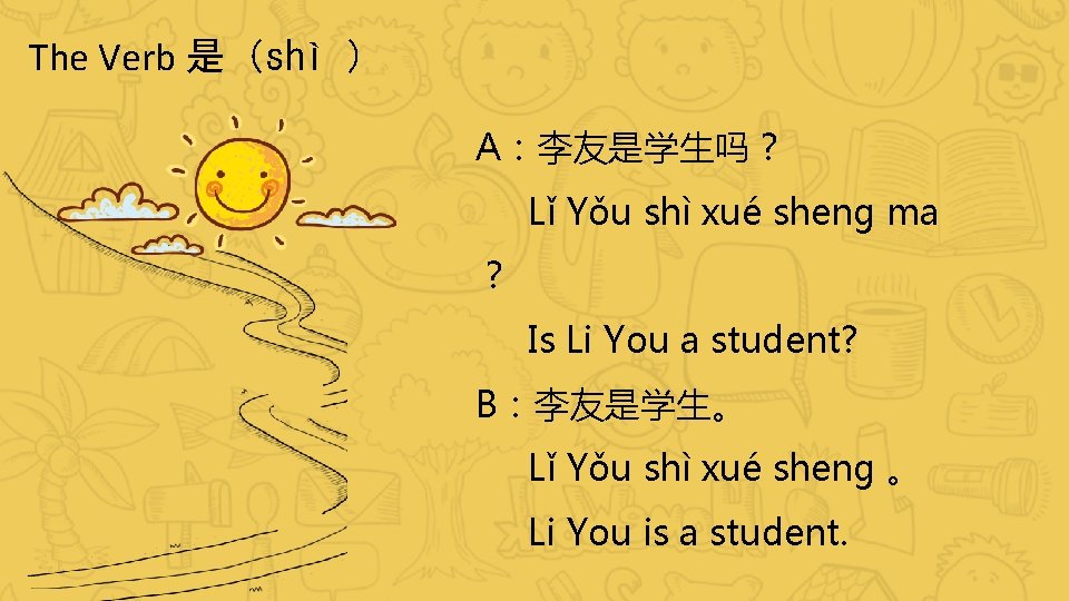 The Verb 是（shì ） A：李友是学生吗？ Lǐ Yǒu shì xué sheng ma ？ Is Li