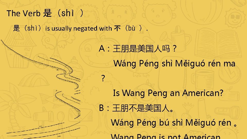 The Verb 是（shì ） 是（shì）is usually negated with 不（bù ）. A：王朋是美国人吗？ Wáng Péng shì