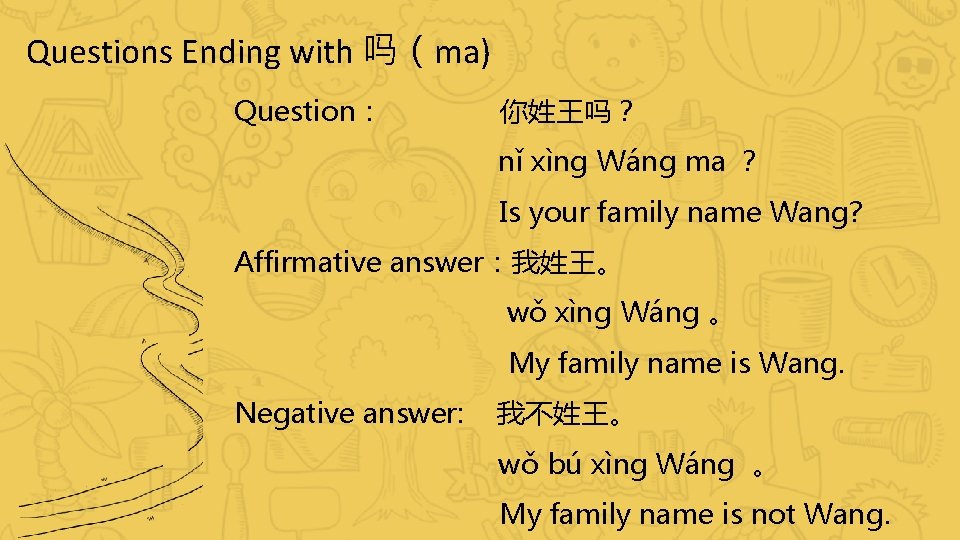 Questions Ending with 吗（ma) Question： 你姓王吗？ nǐ xìng Wáng ma ？ Is your family