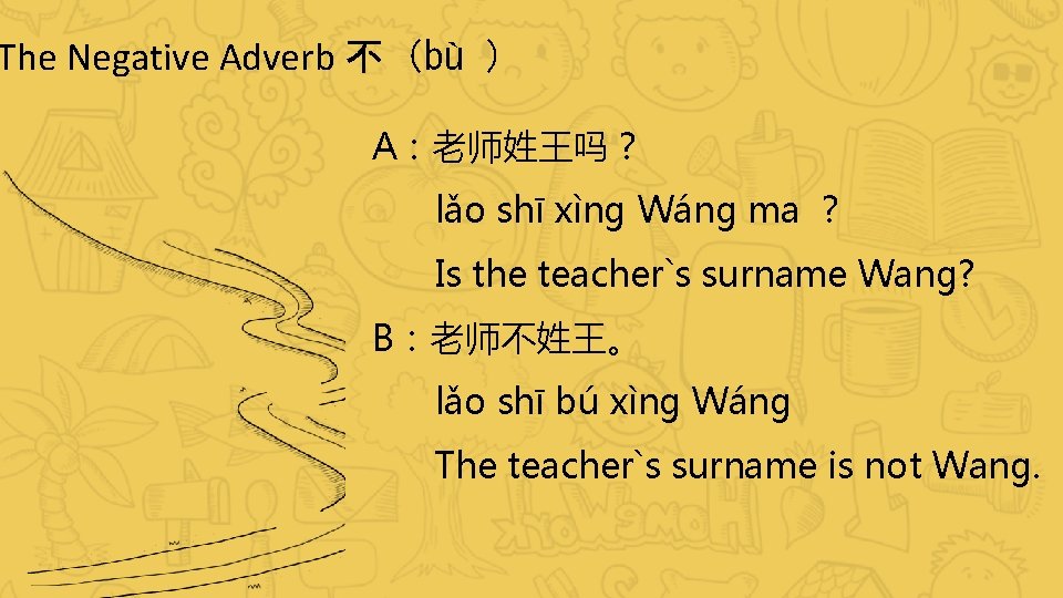 The Negative Adverb 不（bù ） A：老师姓王吗？ lǎo shī xìng Wáng ma ？ Is the