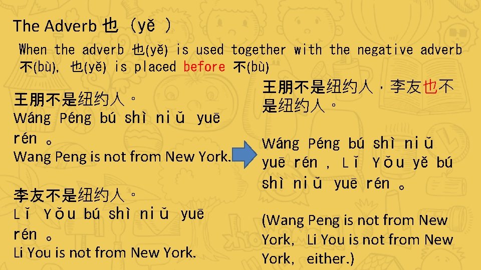 The Adverb 也（yě ） When the adverb 也(yě) is used together with the negative