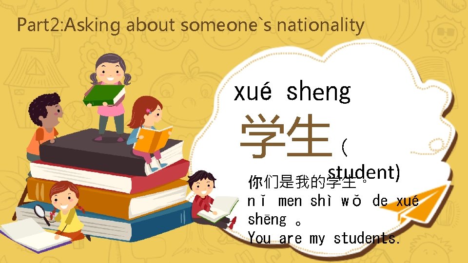 Part 2: Asking about someone`s nationality xué sheng 学生（ student) 你们是我的学生。 nǐ men shì