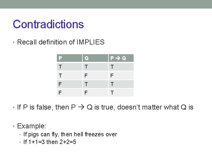 Contradictions • Recall definition of IMPLIES P Q T T F F F T