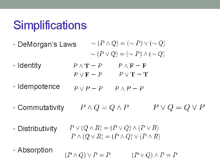 Simplifications • De. Morgan’s Laws • Identity • Idempotence • Commutativity • Distributivity •