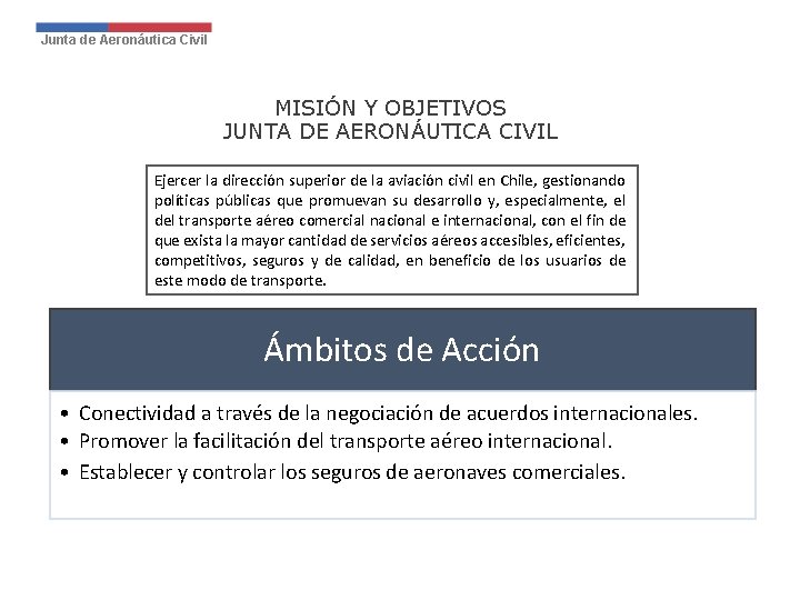 Junta de Aeronáutica Civil MISIÓN Y OBJETIVOS JUNTA DE AERONÁUTICA CIVIL Ejercer la dirección