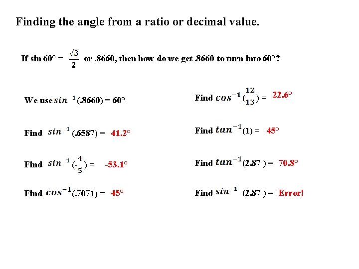 Finding the angle from a ratio or decimal value. If sin 60° = or.