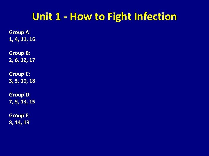 Unit 1 - How to Fight Infection Group A: 1, 4, 11, 16 Group