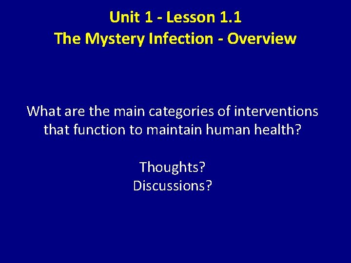 Unit 1 - Lesson 1. 1 The Mystery Infection - Overview What are the