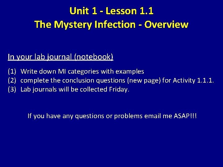 Unit 1 - Lesson 1. 1 The Mystery Infection - Overview In your lab