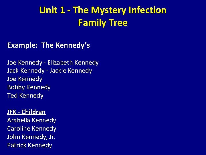 Unit 1 - The Mystery Infection Family Tree Example: The Kennedy’s Joe Kennedy -