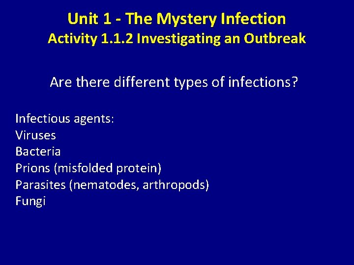 Unit 1 - The Mystery Infection Activity 1. 1. 2 Investigating an Outbreak Are