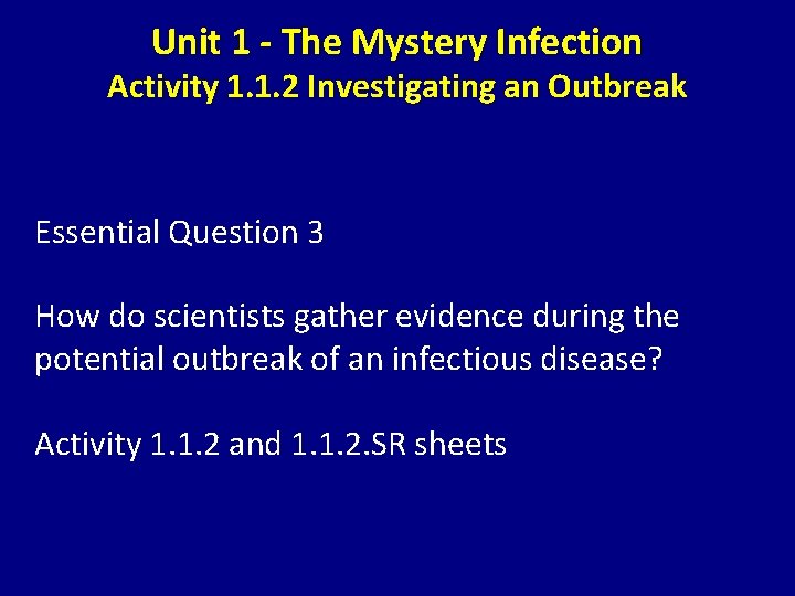 Unit 1 - The Mystery Infection Activity 1. 1. 2 Investigating an Outbreak Essential