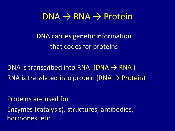 DNA → RNA → Protein DNA carries genetic information that codes for proteins DNA