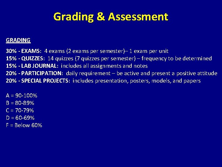 Grading & Assessment GRADING 30% - EXAMS: 4 exams (2 exams per semester)– 1