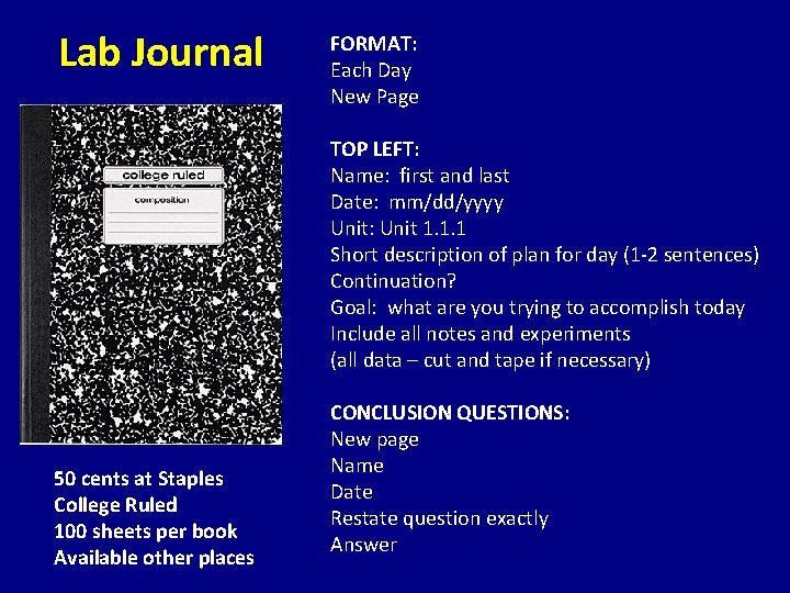 Lab Journal FORMAT: Each Day New Page TOP LEFT: Name: first and last Date: