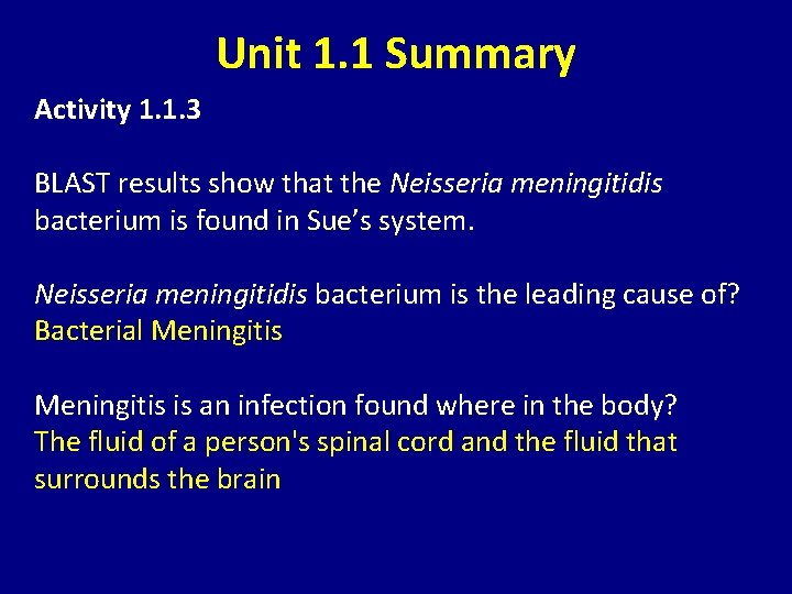 Unit 1. 1 Summary Activity 1. 1. 3 BLAST results show that the Neisseria