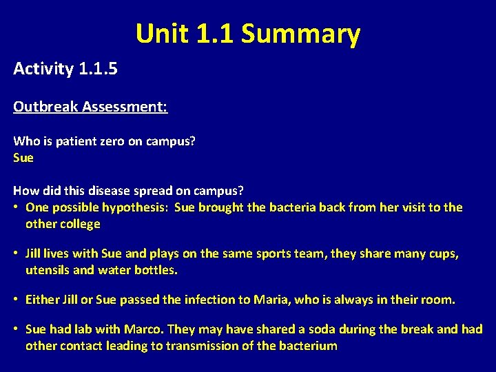 Unit 1. 1 Summary Activity 1. 1. 5 Outbreak Assessment: Who is patient zero