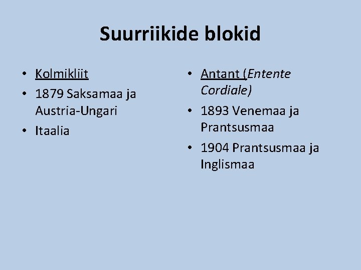 Suurriikide blokid • Kolmikliit • 1879 Saksamaa ja Austria-Ungari • Itaalia • Antant (Entente