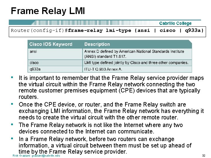 Frame Relay LMI Router(config-if)#frame-relay lmi-type {ansi | cisco | q 933 a} • •