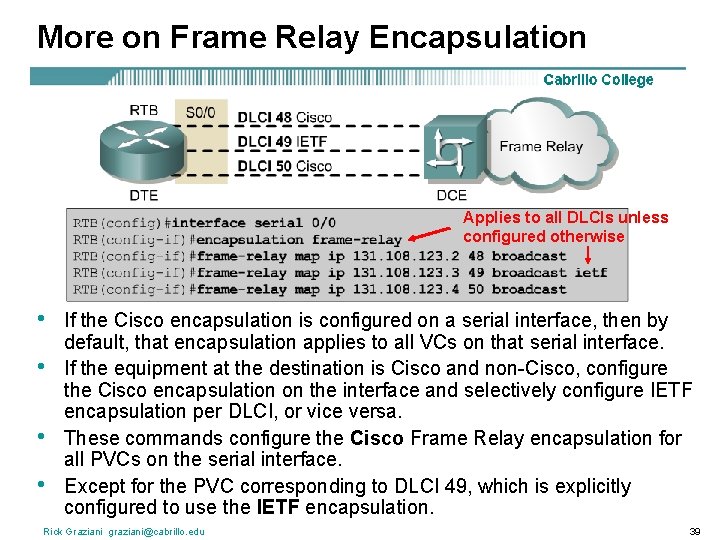 More on Frame Relay Encapsulation Applies to all DLCIs unless configured otherwise • •