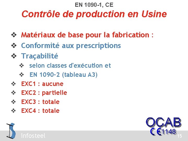 EN 1090 -1, CE Contrôle de production en Usine v v v v Matériaux