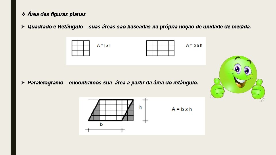 v Área das figuras planas Ø Quadrado e Retângulo – suas áreas são baseadas v Área das figuras planas Ø Quadrado e Retângulo – suas áreas são baseadas