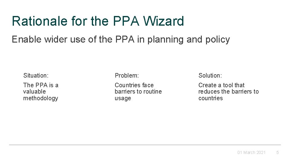 Rationale for the PPA Wizard Enable wider use of the PPA in planning and