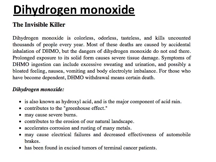 Dihydrogen monoxide Dihydrogen monoxide