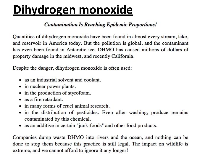 Dihydrogen monoxide Dihydrogen monoxide