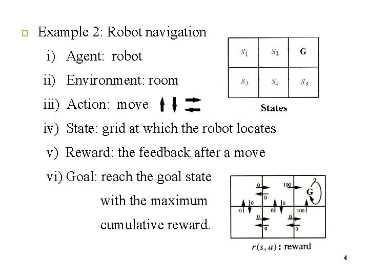  5 Example 2: Robot navigation i) Agent: robot ii) Environment: room iii) Action: